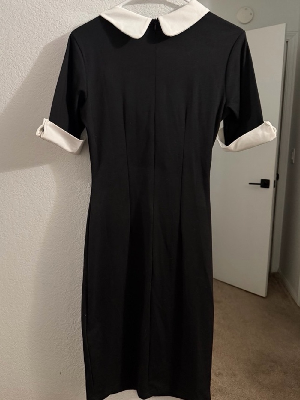Black Contrast Peter Pan Collar Sheath Dress with Cuffed Sleeves - Size S